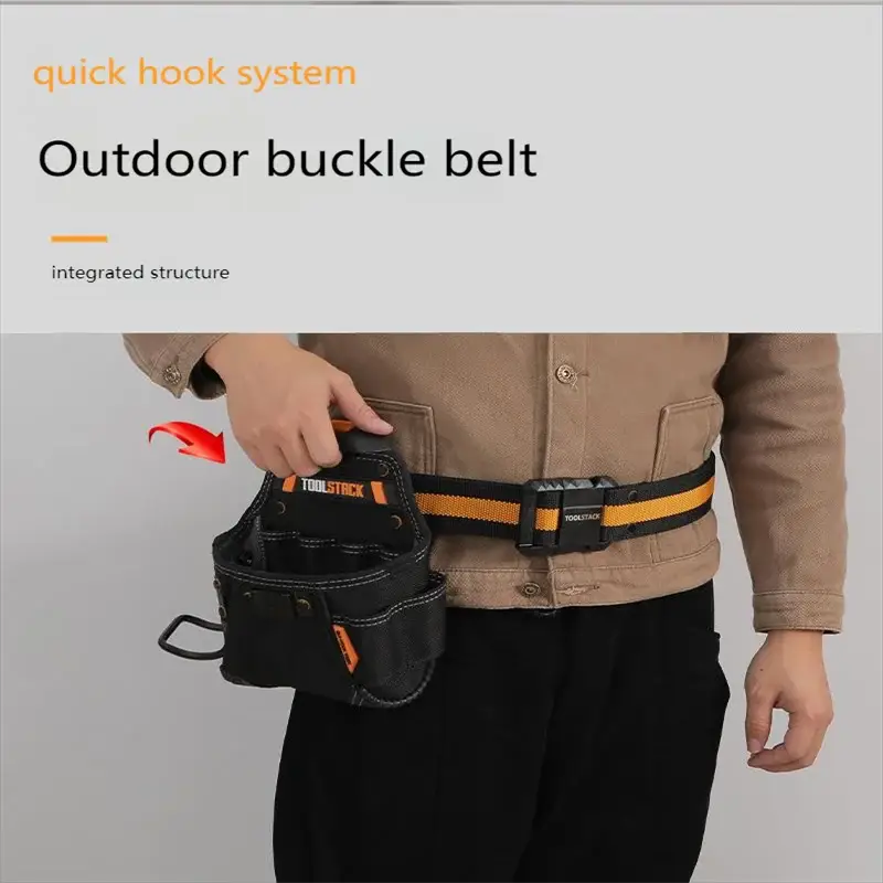 Tool belt by TOOLSTACK with black/orange quick-release buckle, two pouches and clip hooks.