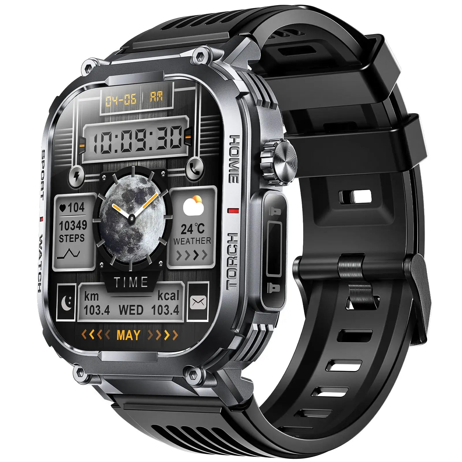 EIGIIS men's smartwatch, 2.02-inch display, black metal case and strap, 3ATM waterproof, compass and LED flashlight