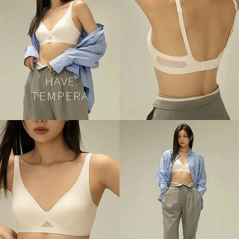 White wire-free bralette; seamless V-neck cups, back strap detail, collage of four views