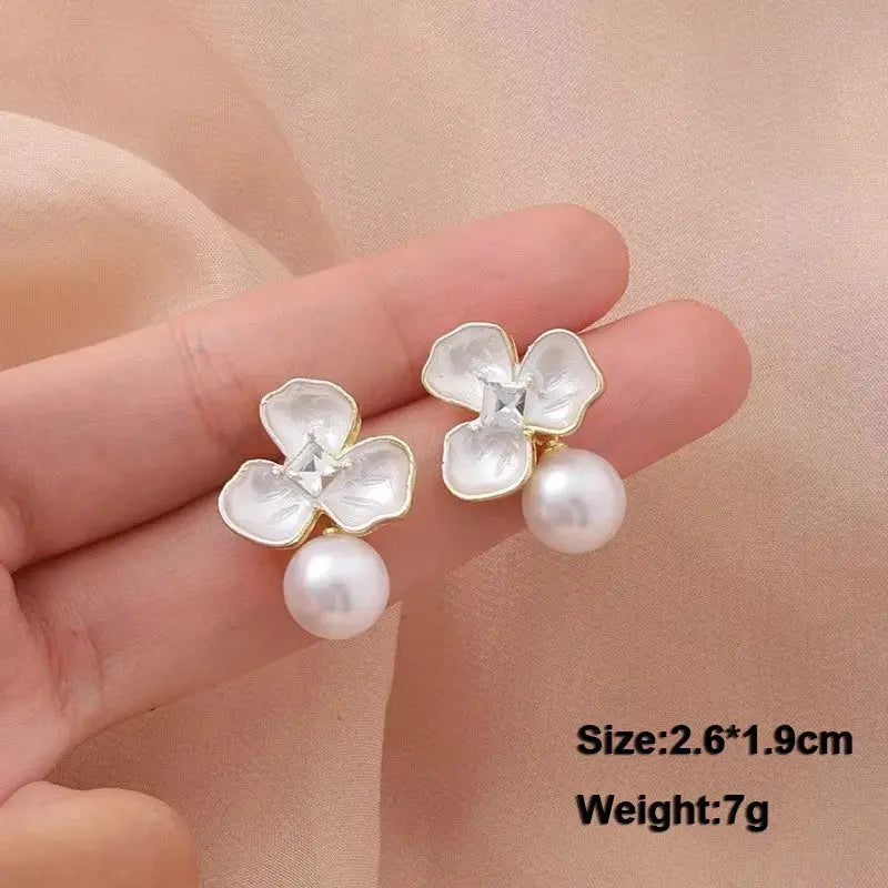 Flower earrings, pure white acrylic enamel with crystal center and pearl drop (pair)