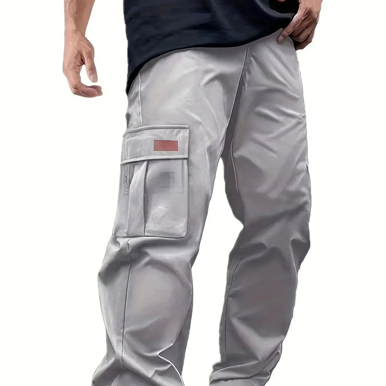 Men's light gray cargo work pants with large thigh pocket.
