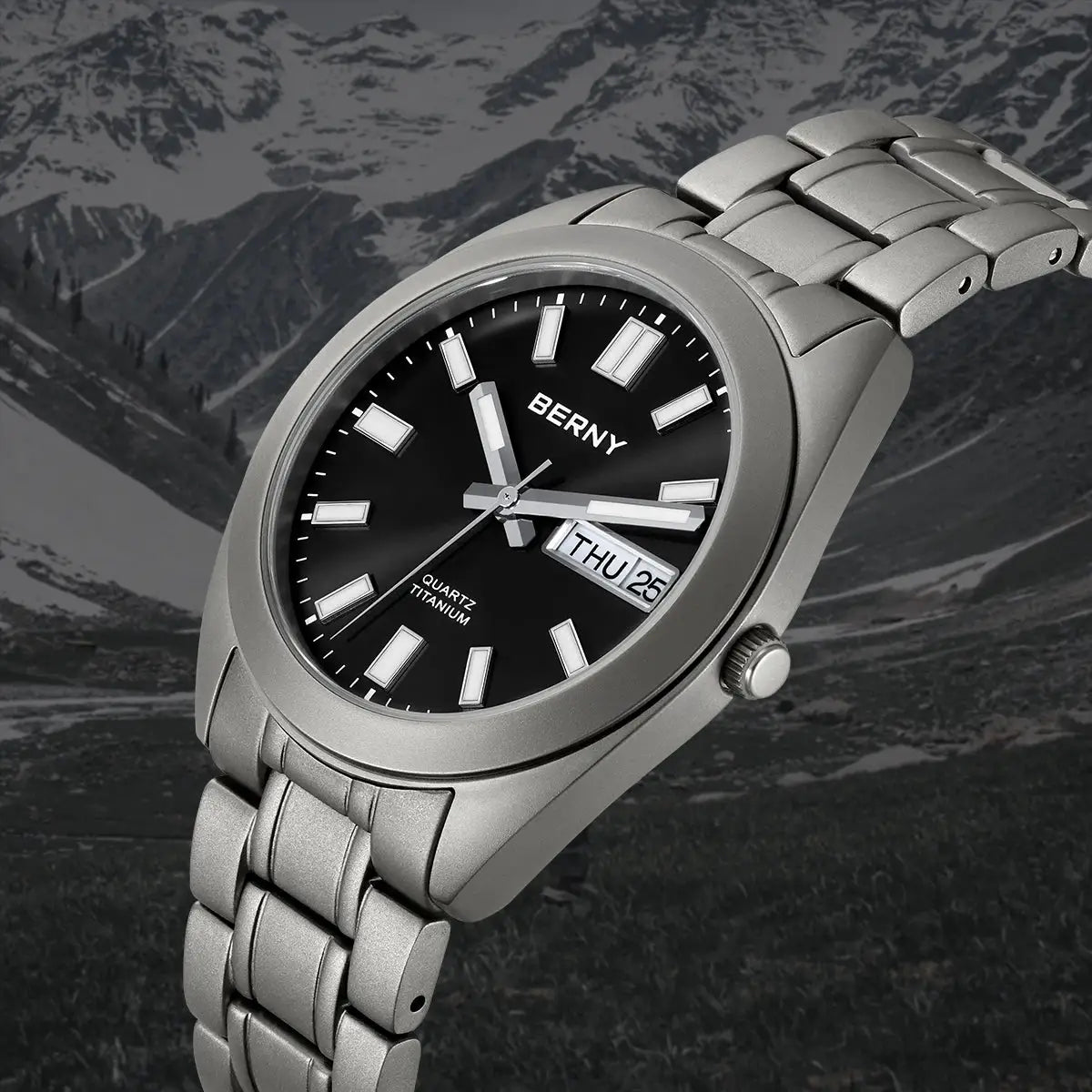 BERNY Titanium Watch for Men with black dial, silver titanium bracelet, date window, and luminous markers