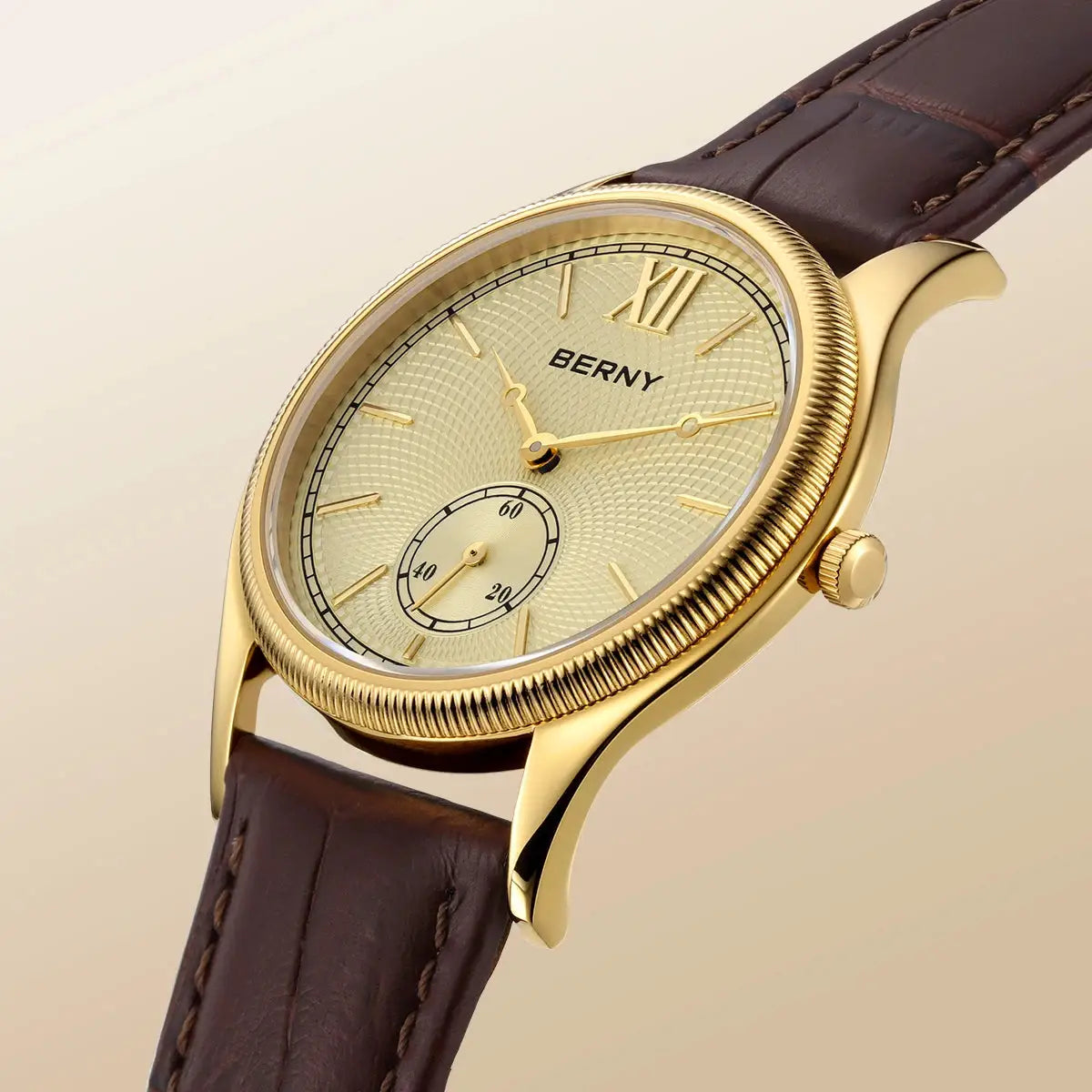 BERNY gold-tone men's dress watch with brown leather strap and textured dial