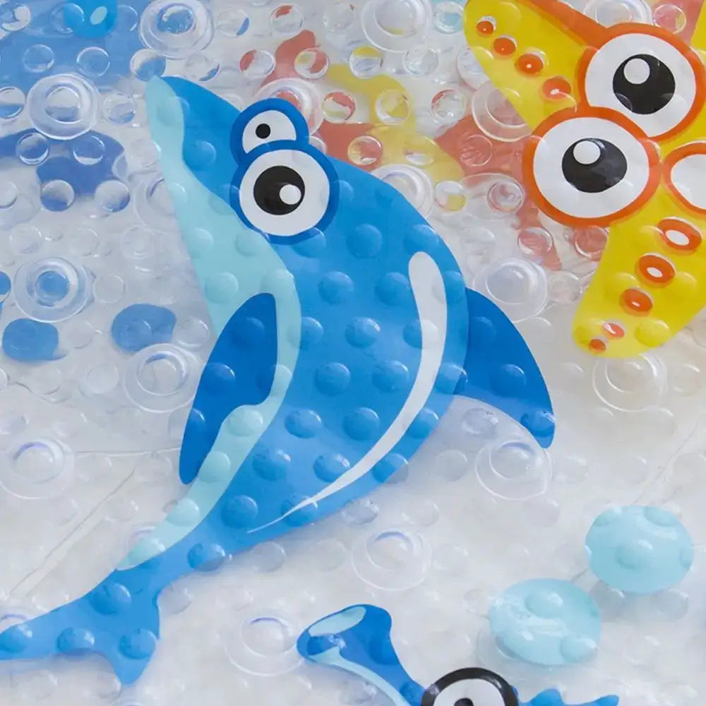 Bath mat for kids, blue cartoon PVC with suction cups and sea-creature design