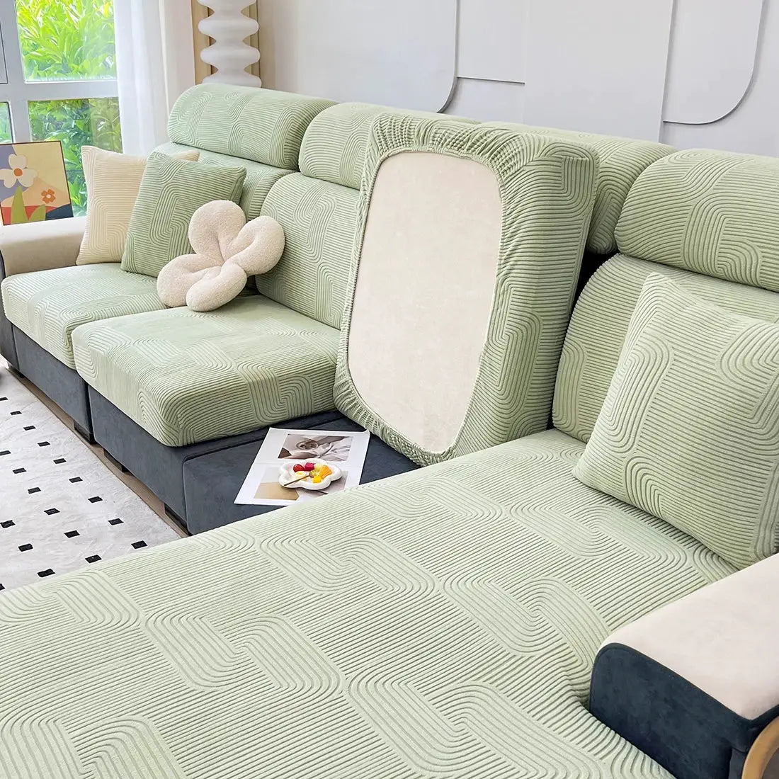 Sofa seat cushion cover set in light green jacquard fabric; removable, washable, protects living room furniture