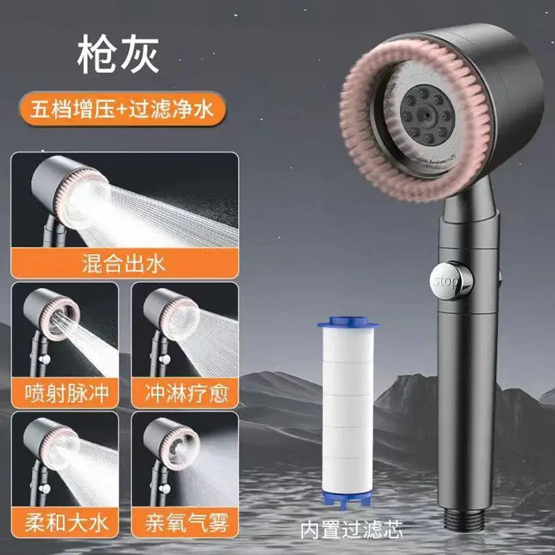 5-mode pressurized shower head by Simples Market with built-in filter and stop button, water-saving nozzles