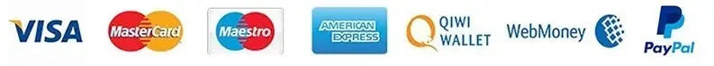Seven payment logos: Visa, MasterCard, Maestro, American Express, QIWI Wallet, WebMoney, PayPal