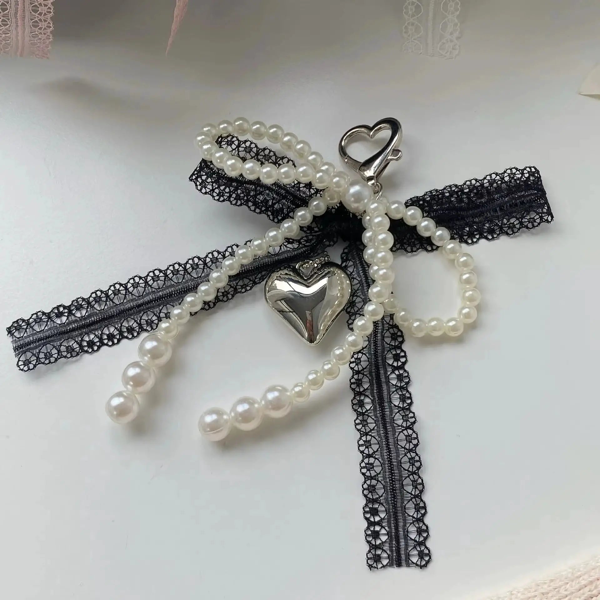 Y2K imitation pearl keychain with black lace bowknot and silver heart pendant, Simples Market