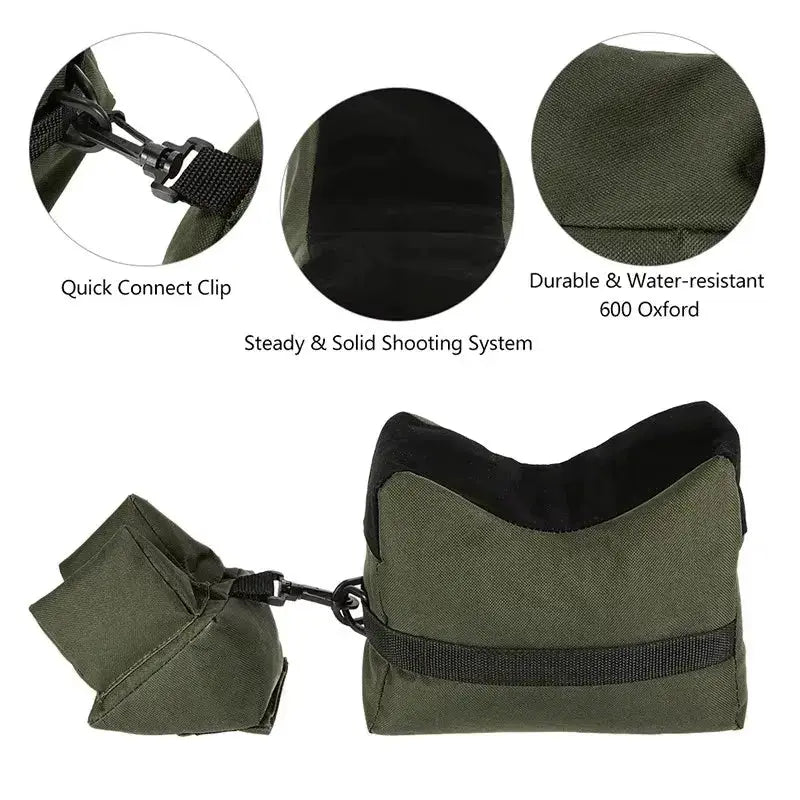 Portable shooting sandbag set with quick connect clip and durable water-resistant 600 Oxford material.