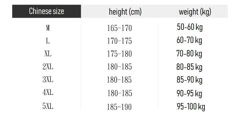 Size chart for Simples Market 3/4 length men's shorts; Chinese sizes M–5XL with height 165–190 cm and weight 50–100 kg.