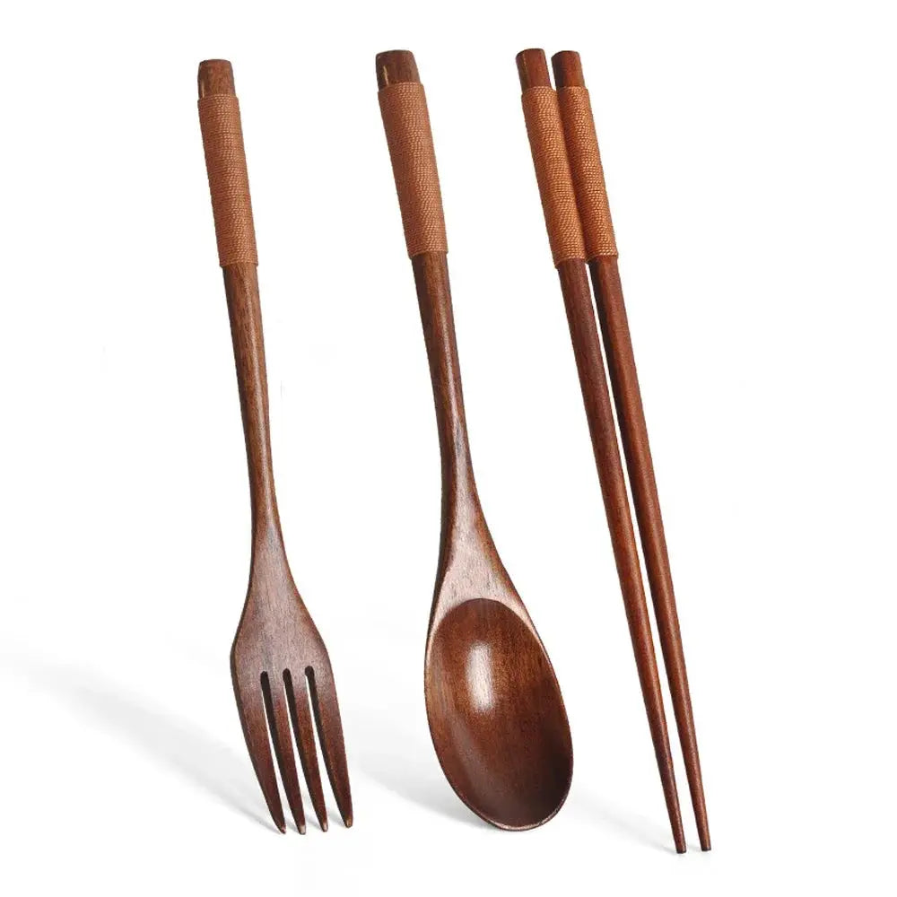Natural Wood Tableware Three Piece Set Spoon Fork And Chopsticks Portable Travel Cutlery Eco Friendly Japan Style Design