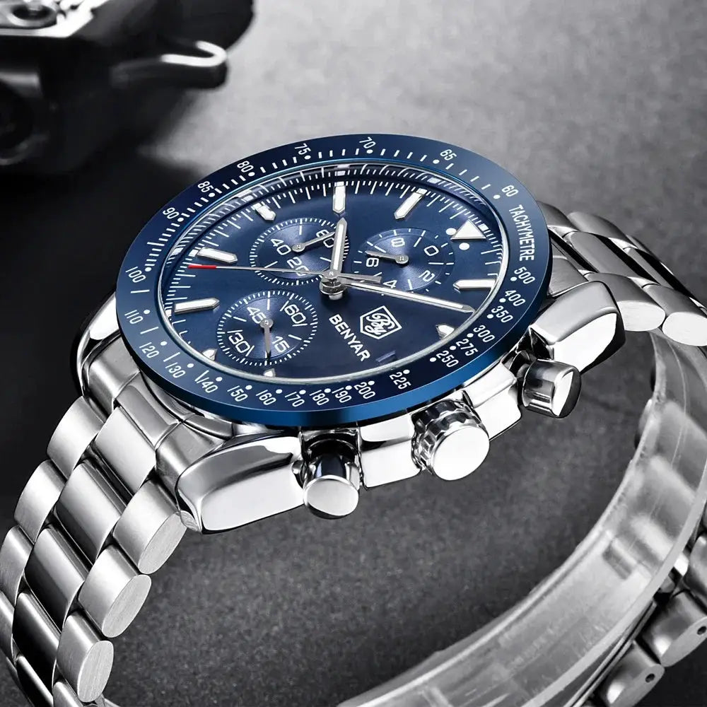 Men's BENYAR stainless steel chronograph watch with blue dial and tachymeter bezel