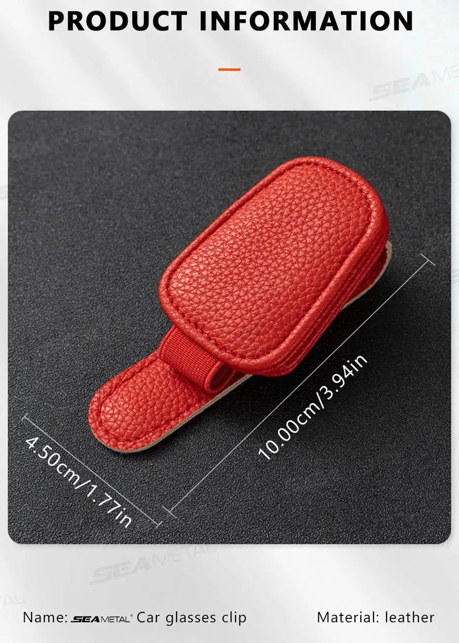 Car sunglasses visor clip holder in red PU leather with strap, 10.0 cm x 4.5 cm