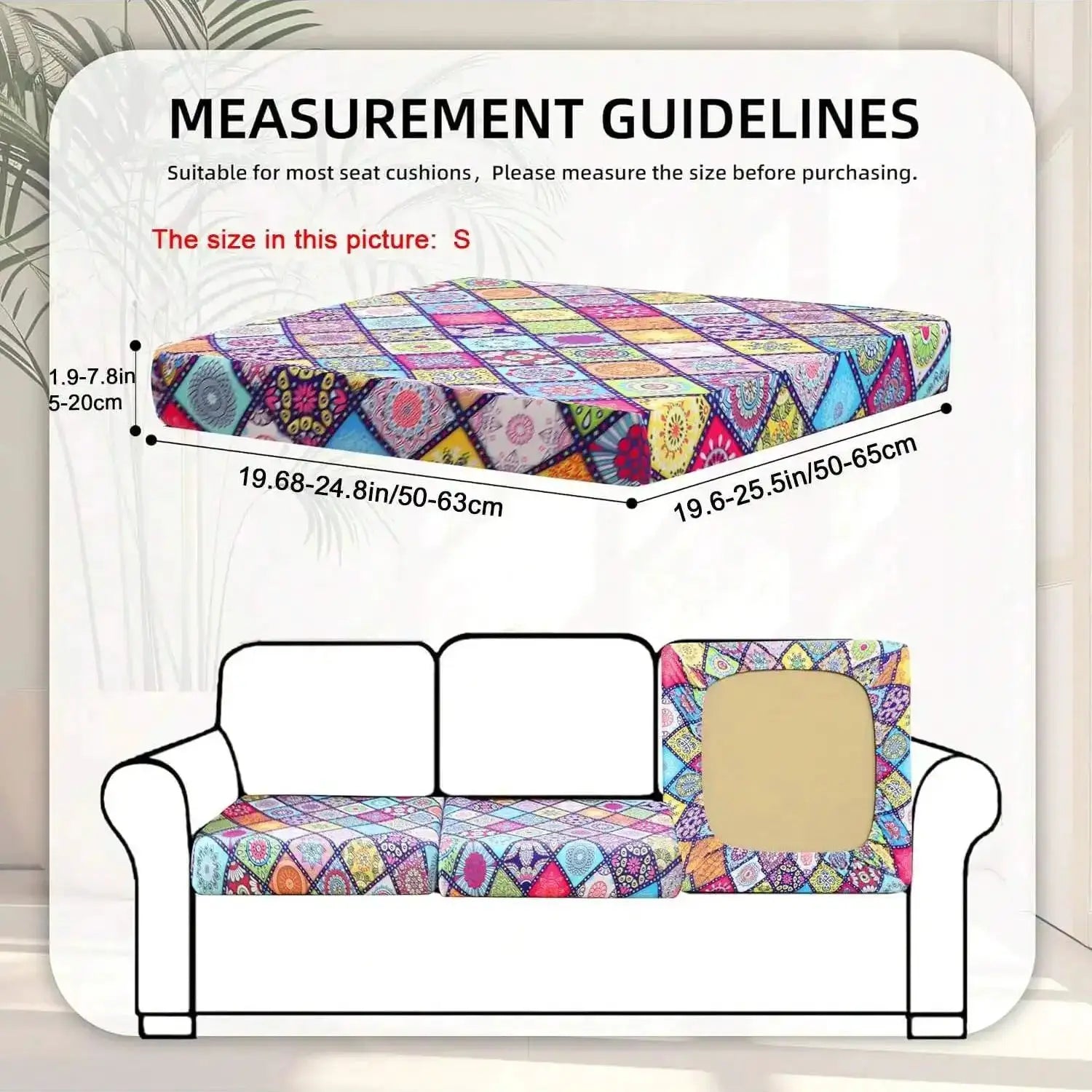 Outdoor tropical print sofa cushion covers by Simples Market with non-slip backing for individual seat cushions.