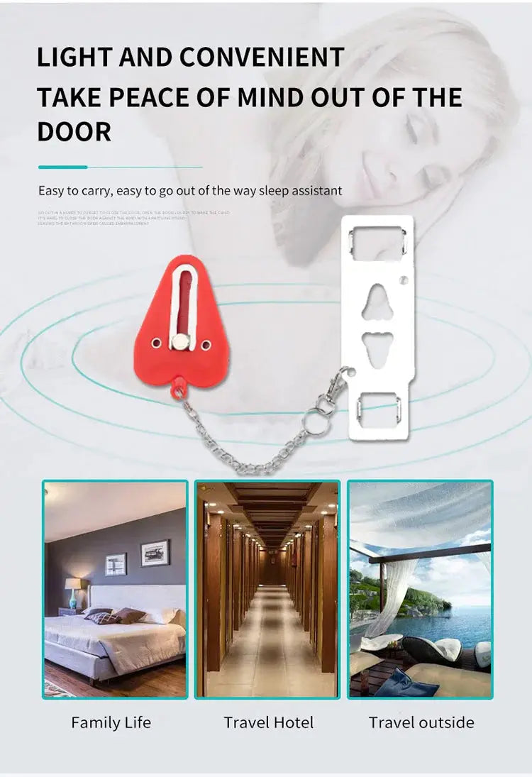 Simples Market security portable door lock latch, red plastic with metal chain; no-drill hotel room safety device; 3 lifestyle scene thumbnails