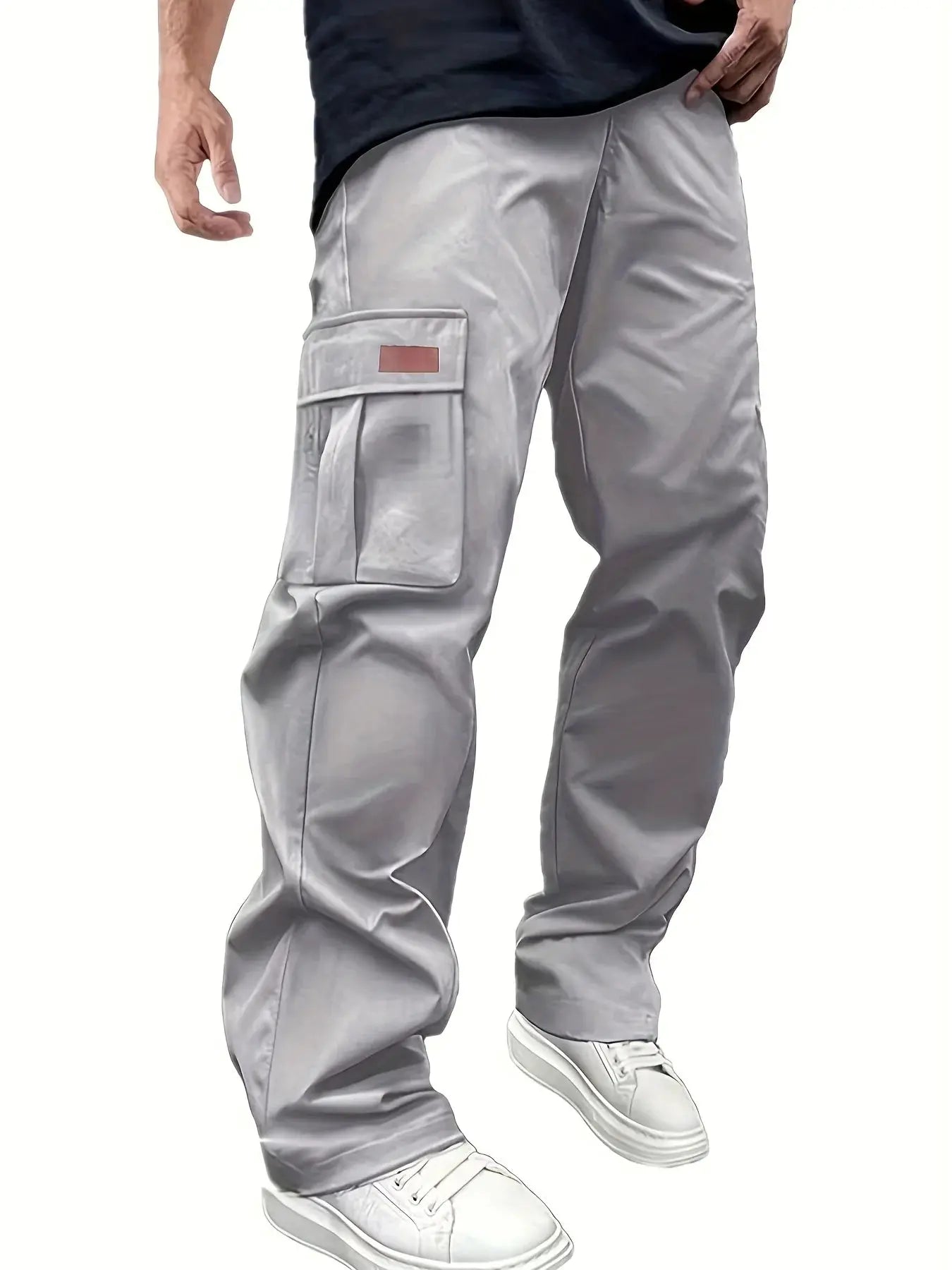 Men's cargo work pants in silver-gray with multi-pocket design and drawstring waist