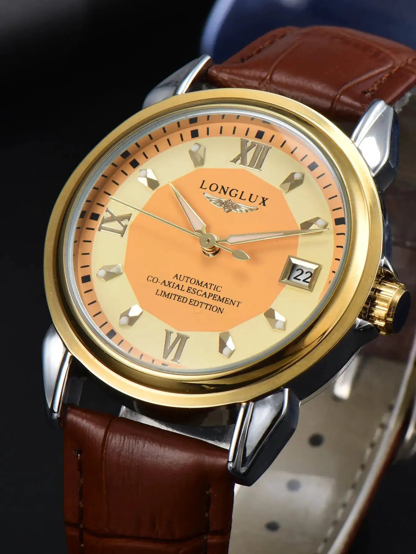 Longlux automatic men's watch with gold-tone case, date window, and brown leather strap