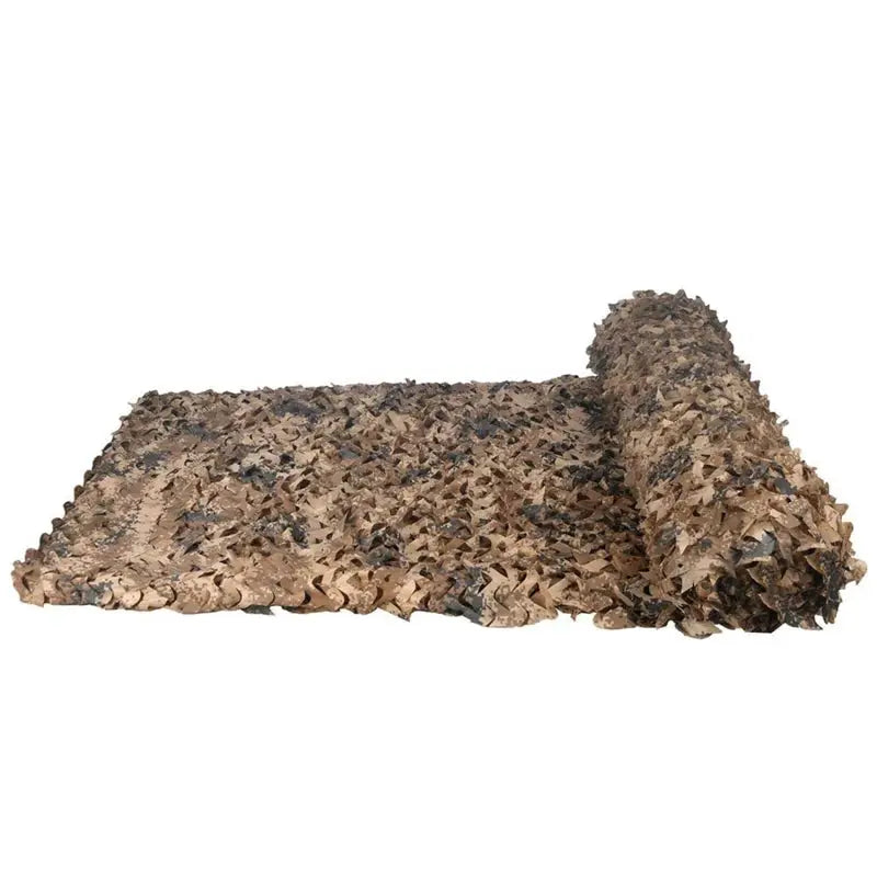 Military camouflage netting in brown desert pattern, partially rolled on white background
