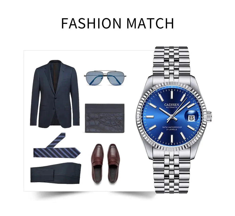 CADISEN men's automatic watch, blue dial with stainless steel bracelet; 6-piece fashion accessories set.