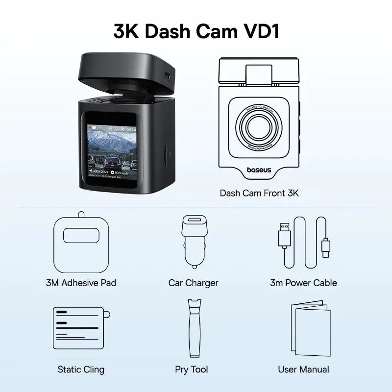 Baseus 3K Dash Cam VD1 front and rear with GPS; 6-piece kit included