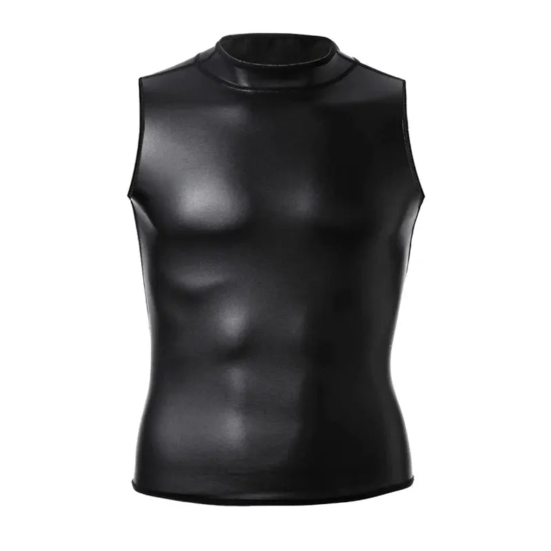 Men's black leather sleeveless shirt with stand collar by Simples Market