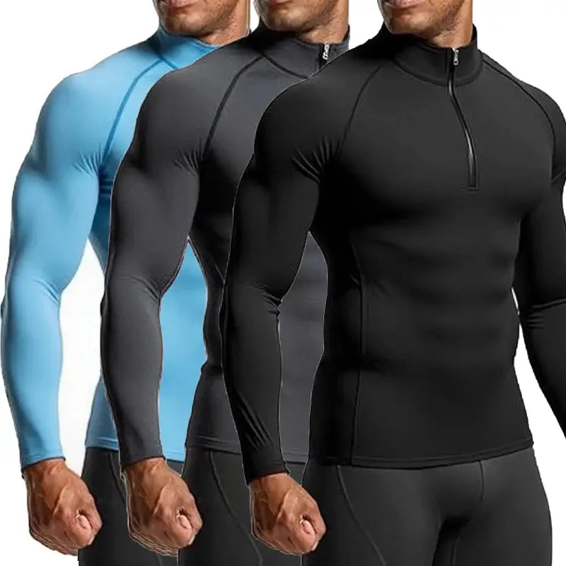 Set of 3 Simples Market men's athletic long-sleeve compression shirts in black, gray and blue.