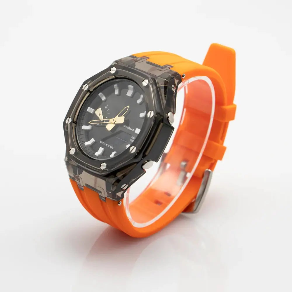 Casioak GA2100 watch with transparent dark case and bright orange silicone strap