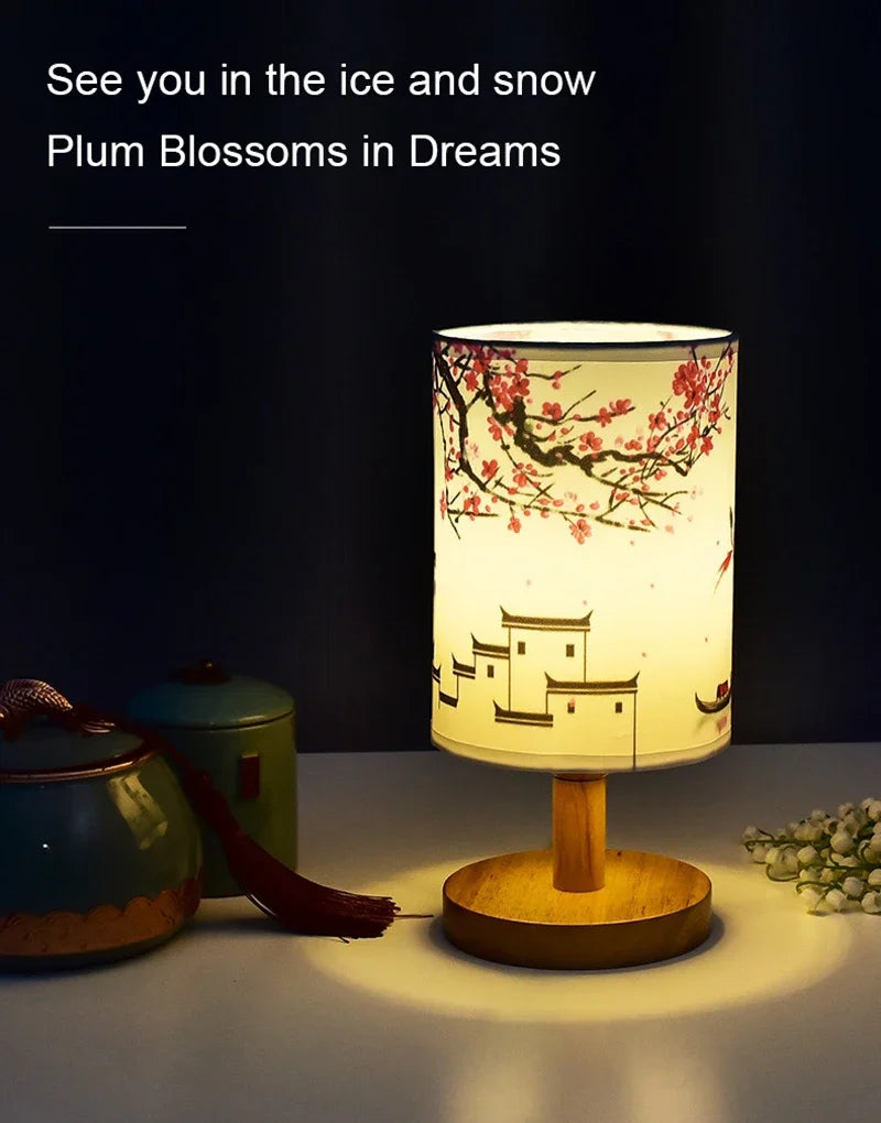 LED table lamp with plum blossom fabric shade, Chinese-style decor, dimmable EU plug, wooden base Simples Market