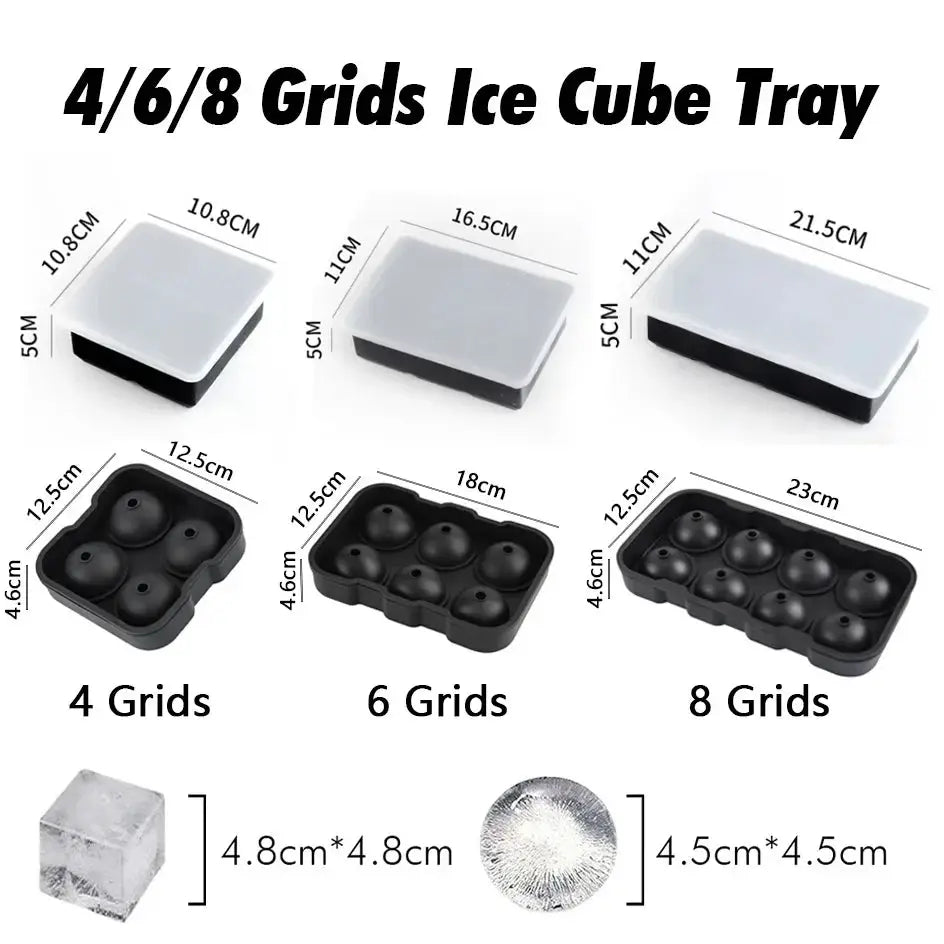Ice cube tray set by Simples Market featuring 4-, 6-, and 8-grid silicone trays with white lids