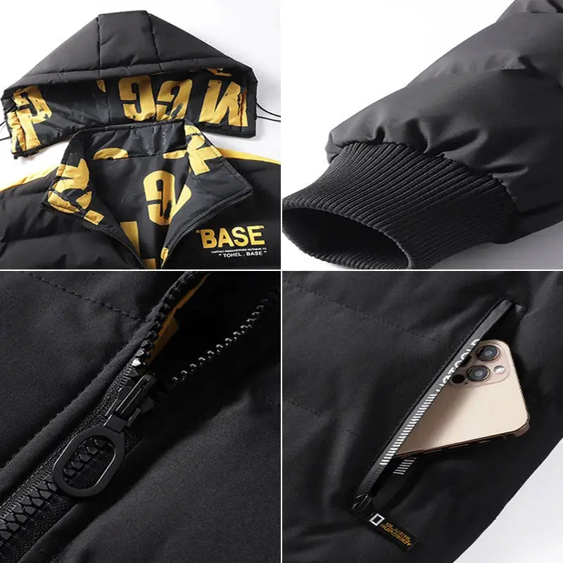 DIMUSI padded men's winter jacket with hood, black outer with yellow lining, zip pockets - Simples Market
