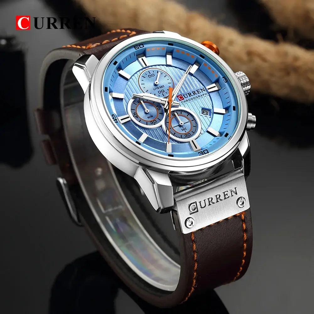 CURREN men's quartz chronograph wristwatch with blue dial, stainless steel case and brown leather strap