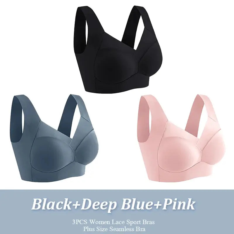 Simples Market 3-piece women's seamless wireless sport bras in black, deep blue, and pink