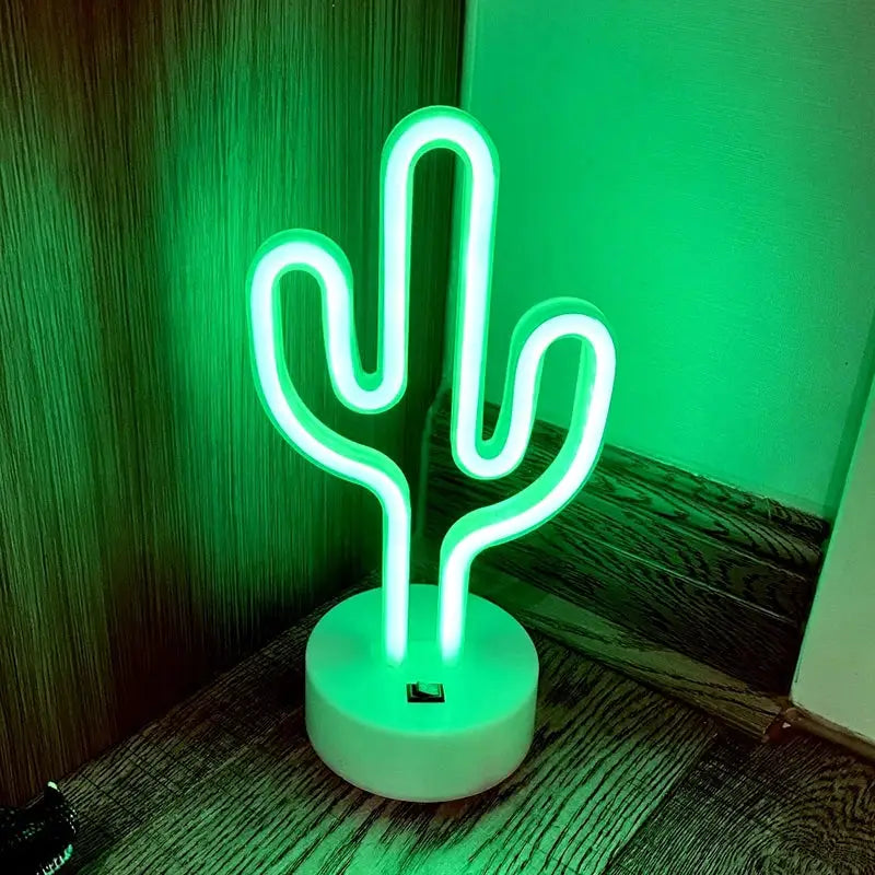 Cactus neon sign LED lamp with green glow on white base, USB and battery powered, Simples Market