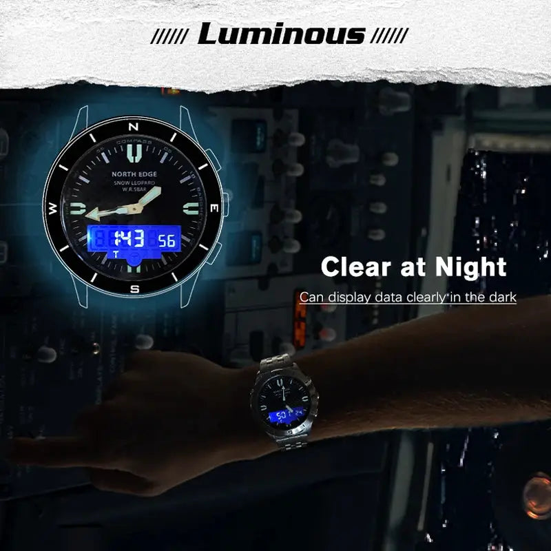 NORTH EDGE men's sport digital watch with blue luminous display and metal bracelet.