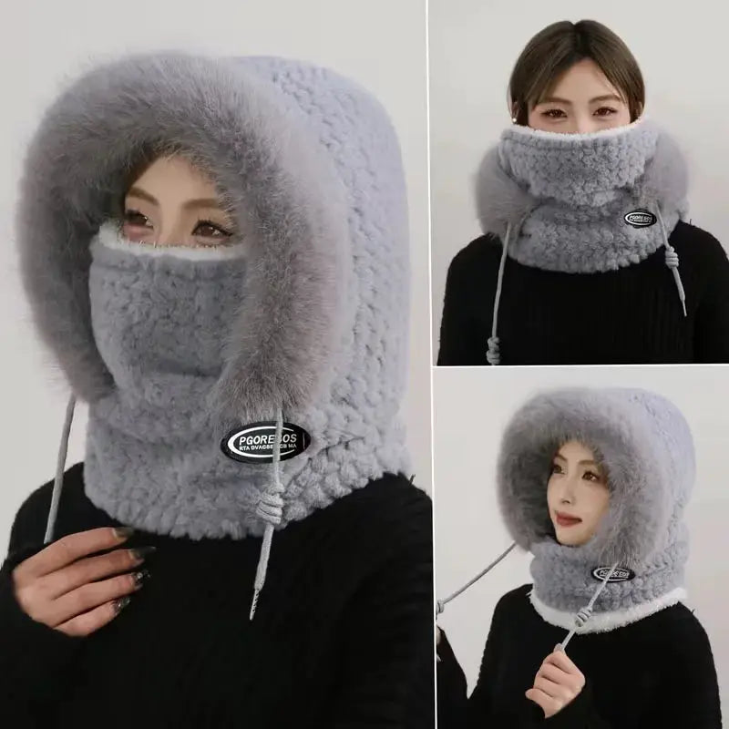 ArcticGuard Thermal Plush Hat Hood Scarf Mask Women Windproof Thick Design Outdoor Riding Gear