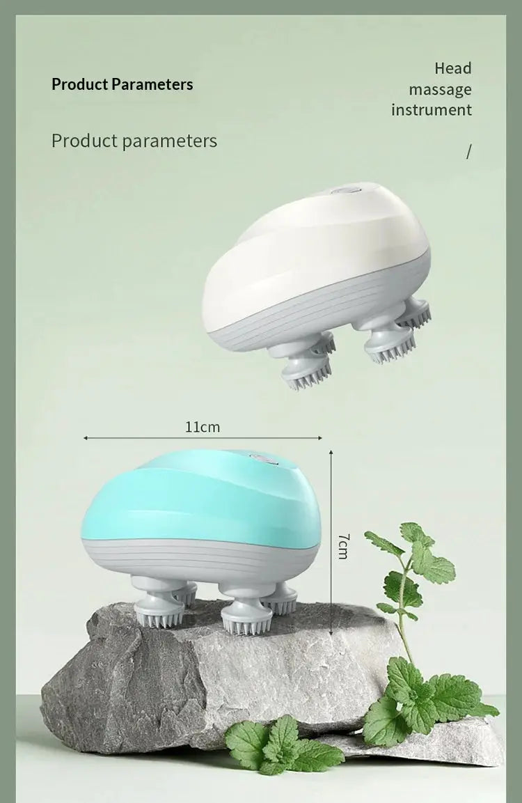 Deep scalp massager device, white and teal color with four brush-style massage heads.