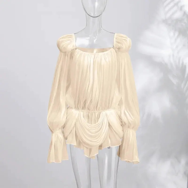 Satin Off Shoulder Pleated Mini Dress For Women Puff Sleeve Cinched