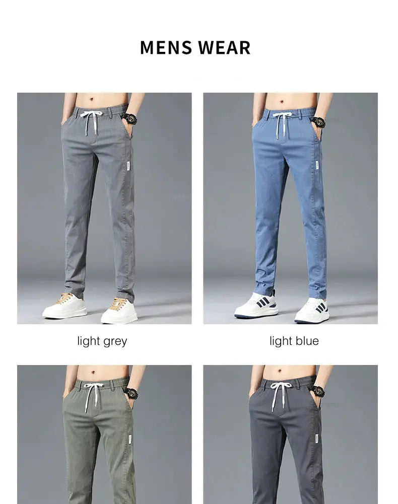 Men's casual pants in four colors: light grey, light blue, khaki, and dark grey with elastic waist.