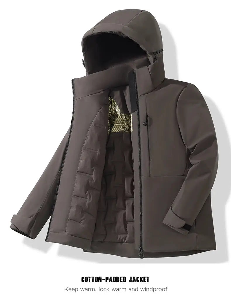 JNLN unisex hooded waterproof fleece jacket, brown windproof thermal raincoat for hiking