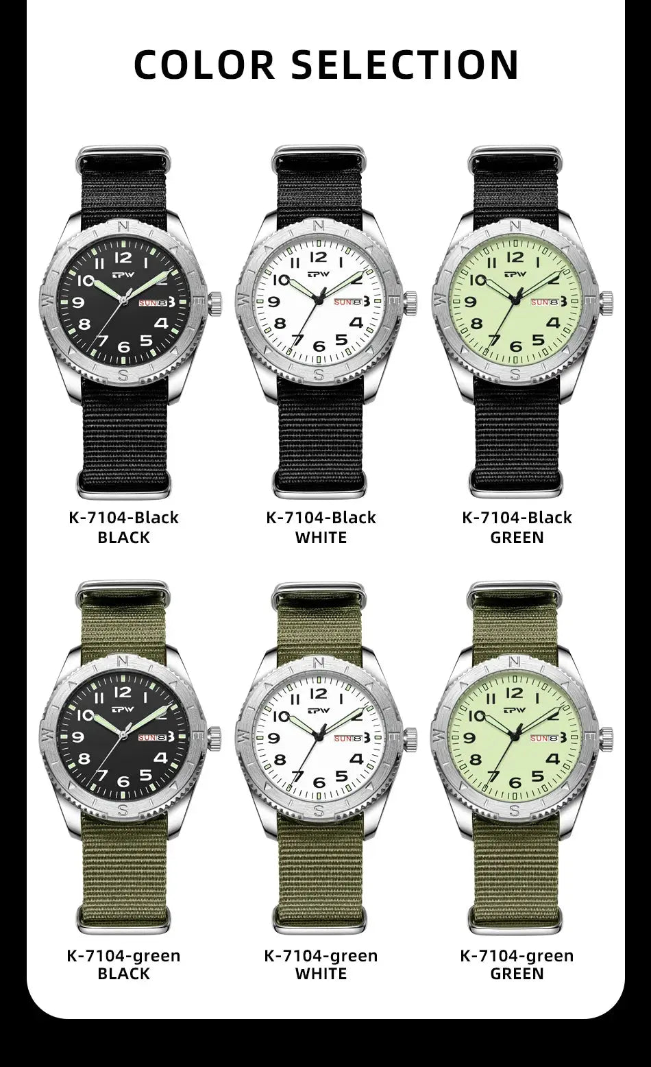 Nine Simples Market TPW 40mm field watches with fabric straps, luminous rotating bezel, date and day, in black/white/green dials