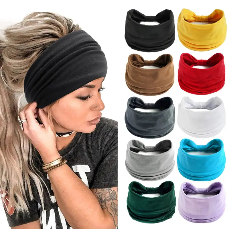 Boho Solid Color Wide Headbands For Women And Girls With Vintage Knot Elastic Turban Hair Accessories Cotton Bandana