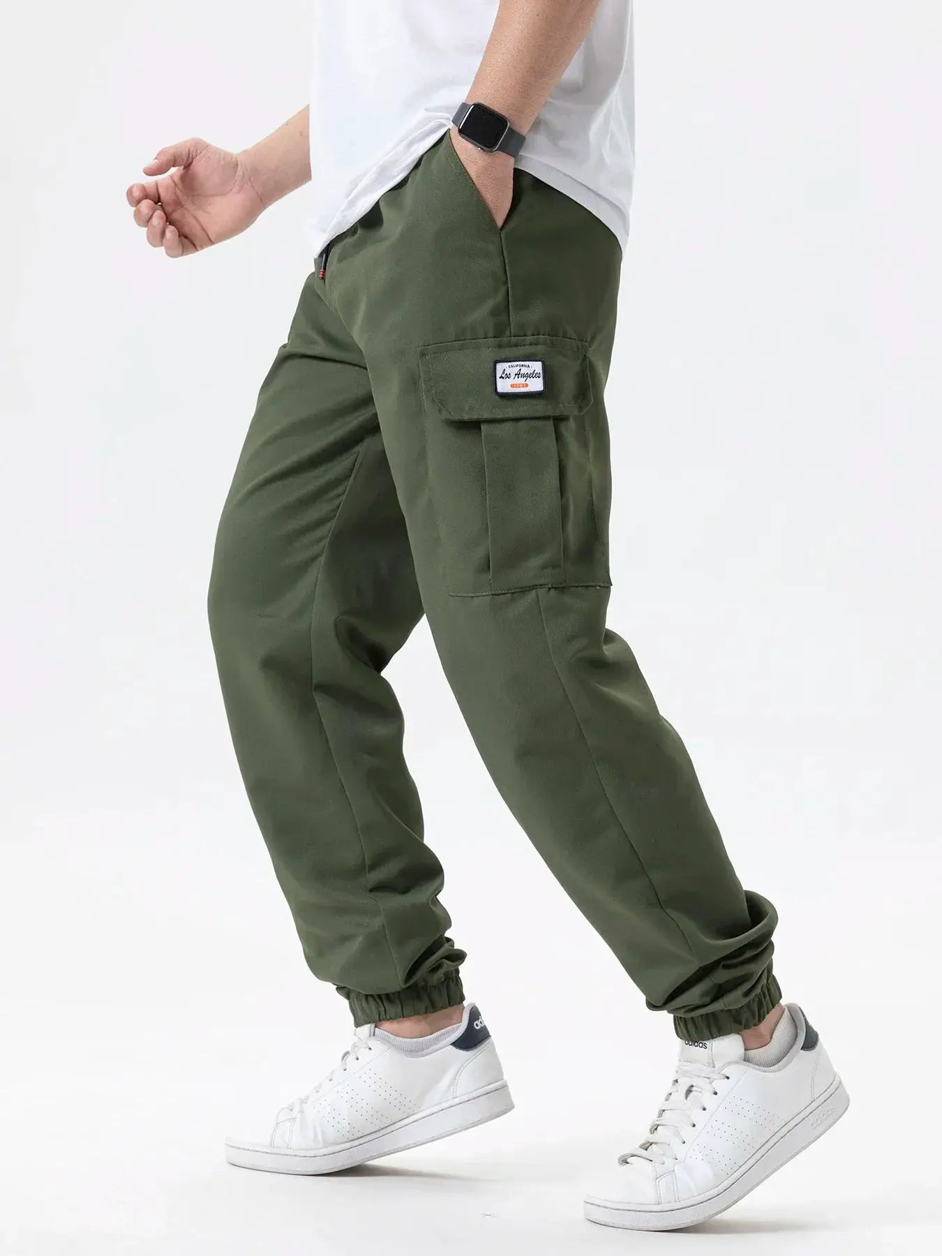 Men's casual cargo joggers olive green with thigh pocket and drawstring waist by Simples Market