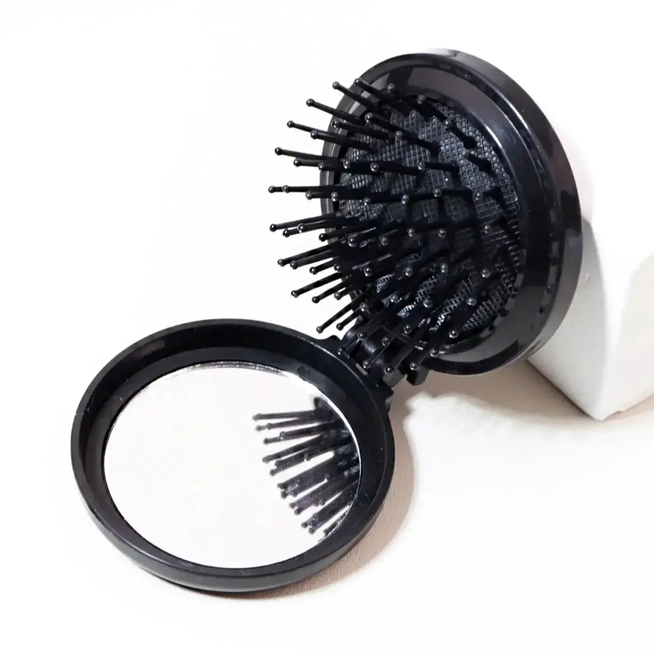 Simples Market mini folding head massager mirror travel hair brush, black anti-static round comb