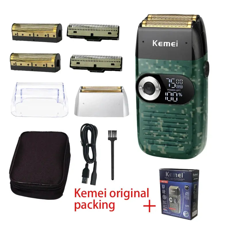 Kemei electric shaver set for men with camo-green body, detachable heads, USB charging cable, and case.