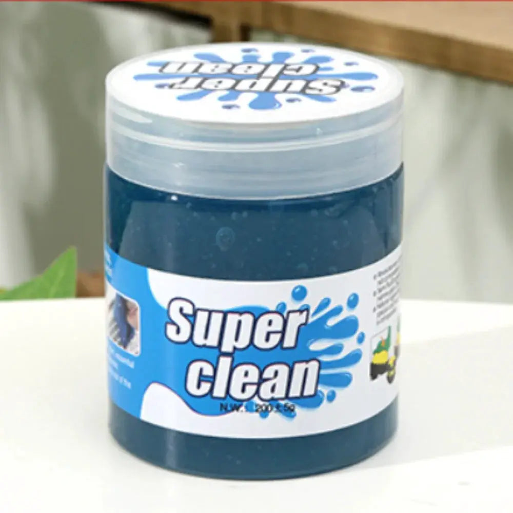Super Clean gel cleaner jar with blue gel; ideal for car and keyboard dust removal.