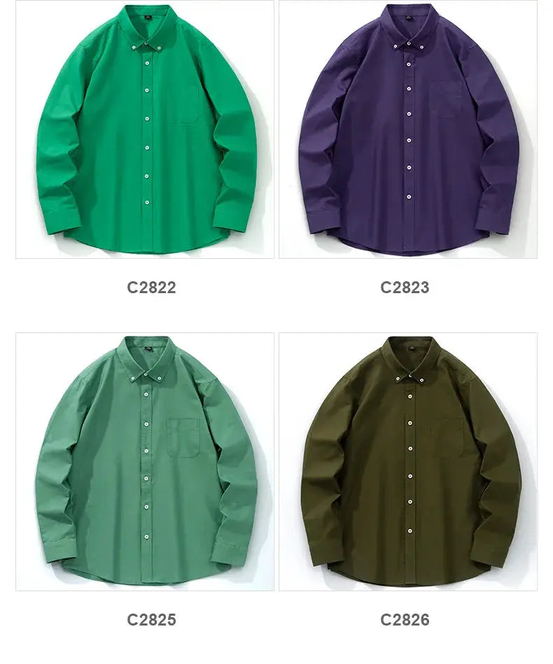 Classic-fit men's 100% cotton Oxford long-sleeve shirt with a single chest pocket in four colors: green, purple, mint, olive