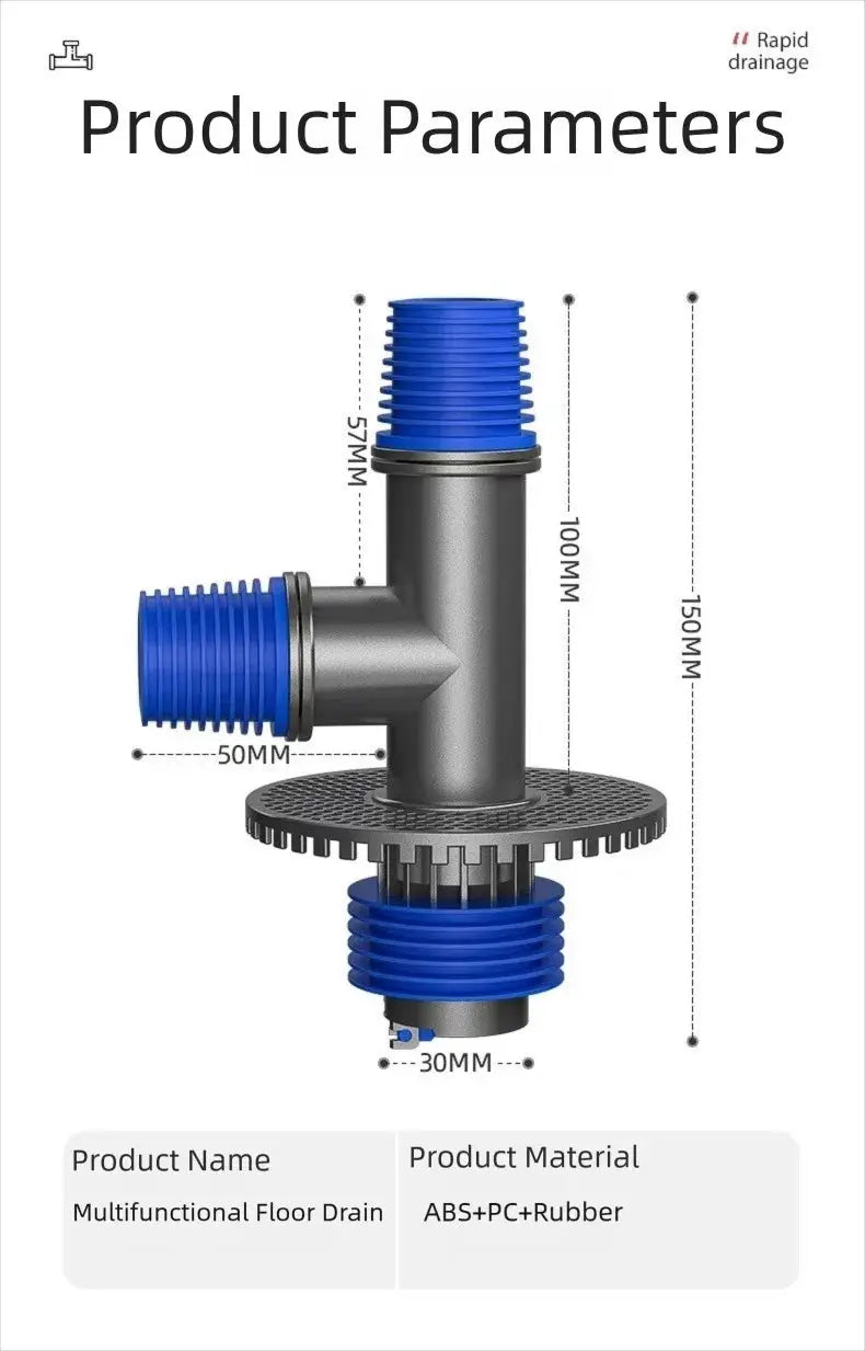Universal washing machine floor drain connector; blue hose adapters on a gray ABS+PC+Rubber body