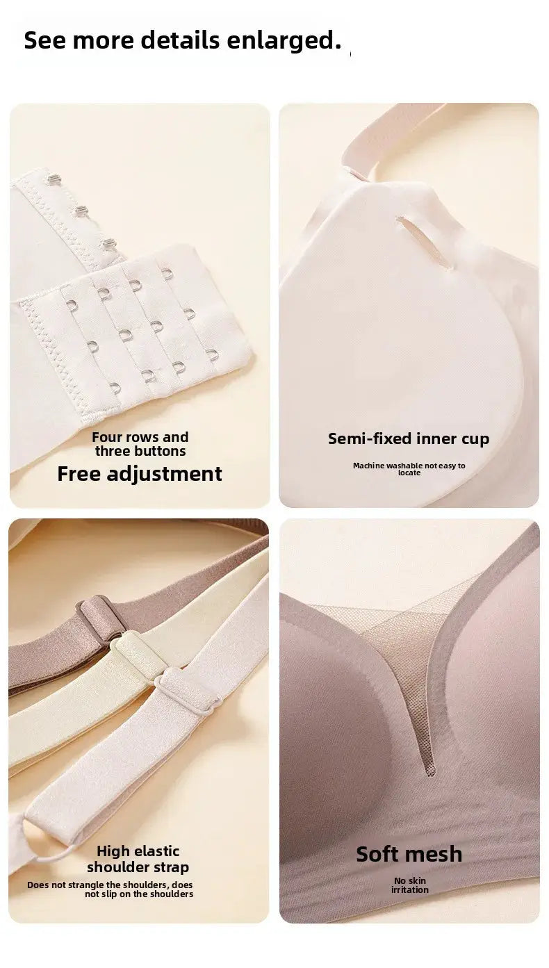 Simples Market beige plus-size seamless back-closure wireless push-up bra with rear hooks and adjustable straps