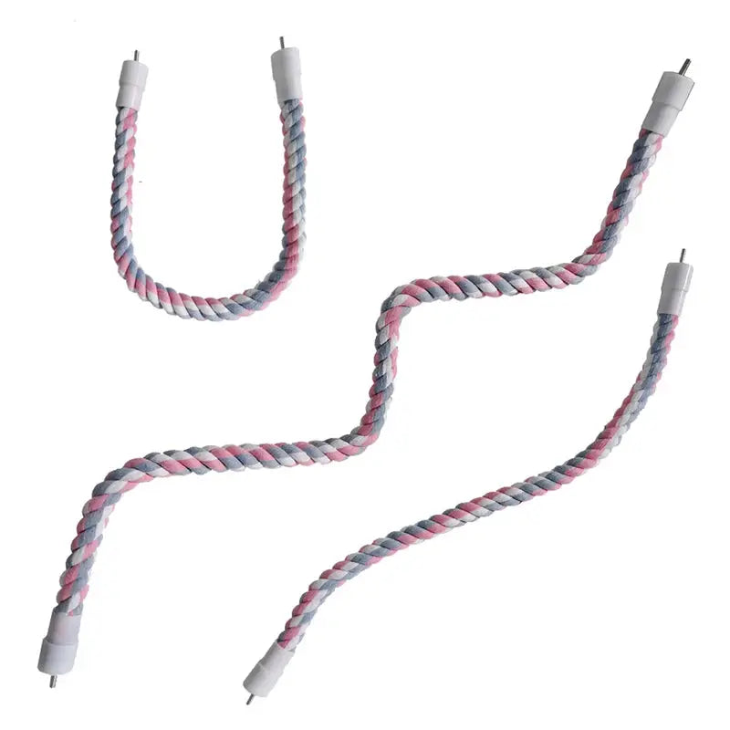 Parrot cotton rope toy set, 4-piece pastel pink and blue with white end caps and metal pins