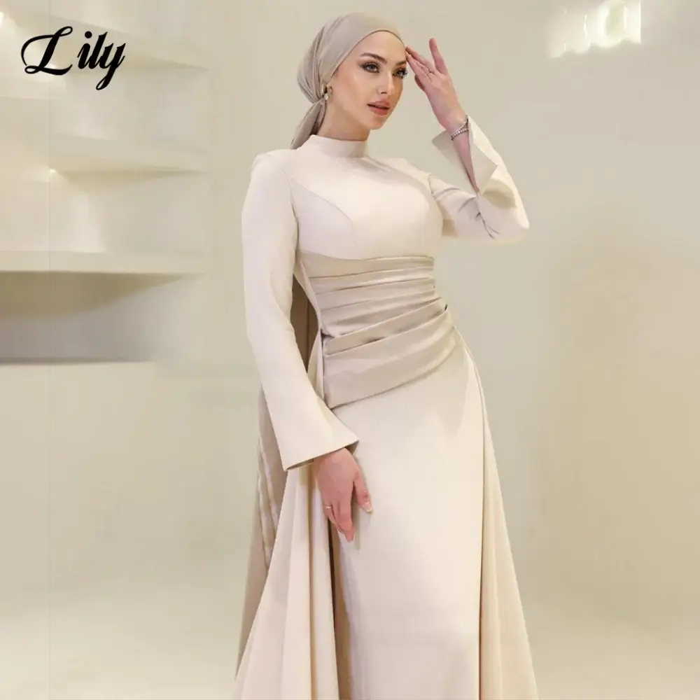 Lily Burgundy Satin Mermaid Prom Dress With High Neck Sleeves Dubai